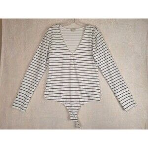 Anthropologie Pilcro Womens XL White Black Striped Ribbed Top Bodysuit Stretch